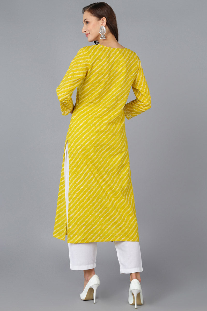 Yellow Cotton Bandhani Embroidered Straight Kurta