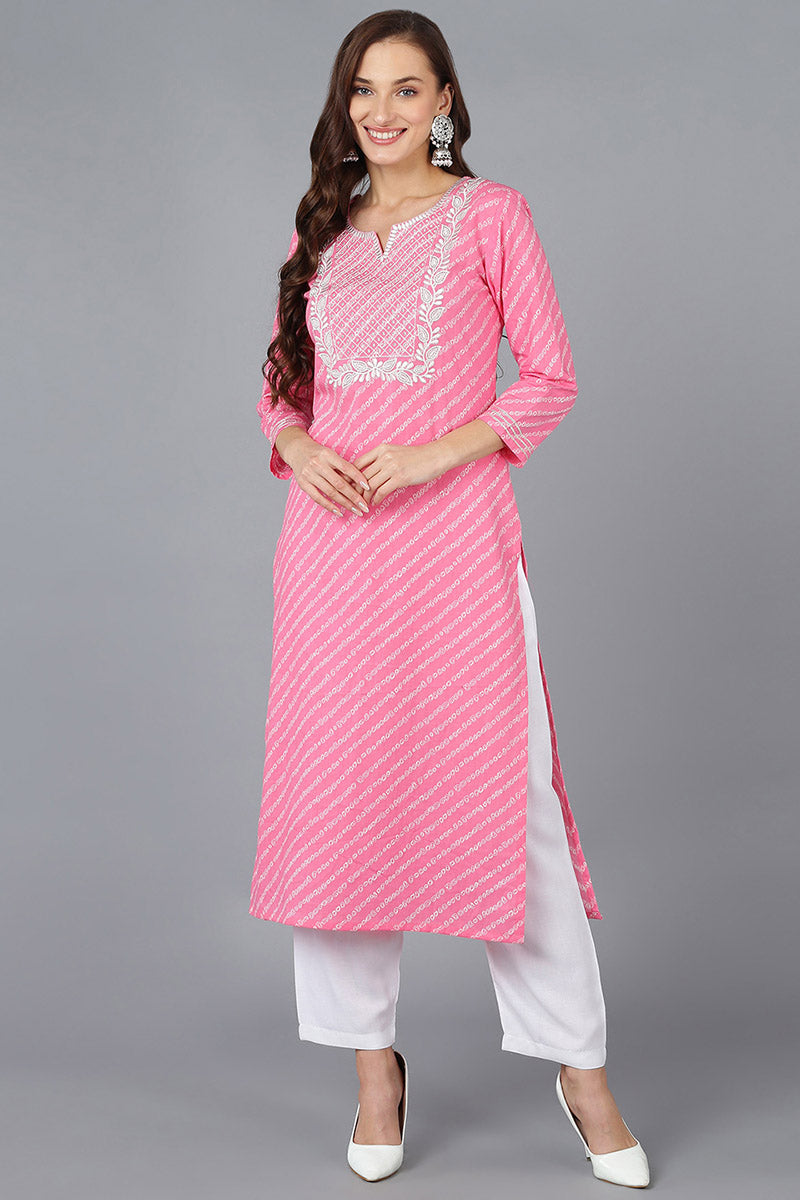 Pink Cotton Bandhani Embroidered Straight Kurta 