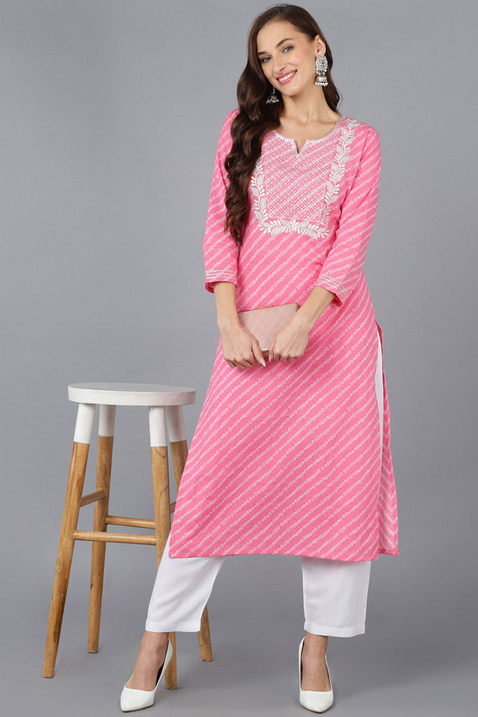 Pink Cotton Bandhani Embroidered Straight Kurta 