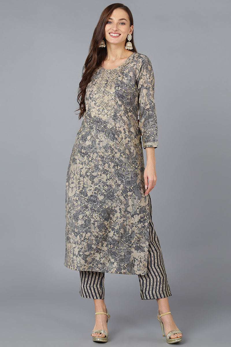 Grey Silk Blend Abstract Embroidered Straight Kurta 