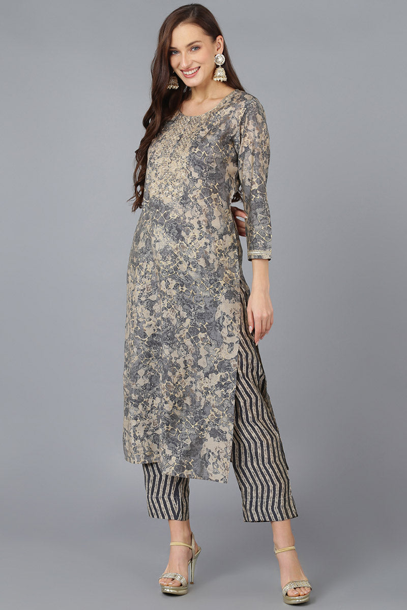 Grey Silk Blend Abstract Embroidered Straight Kurta 