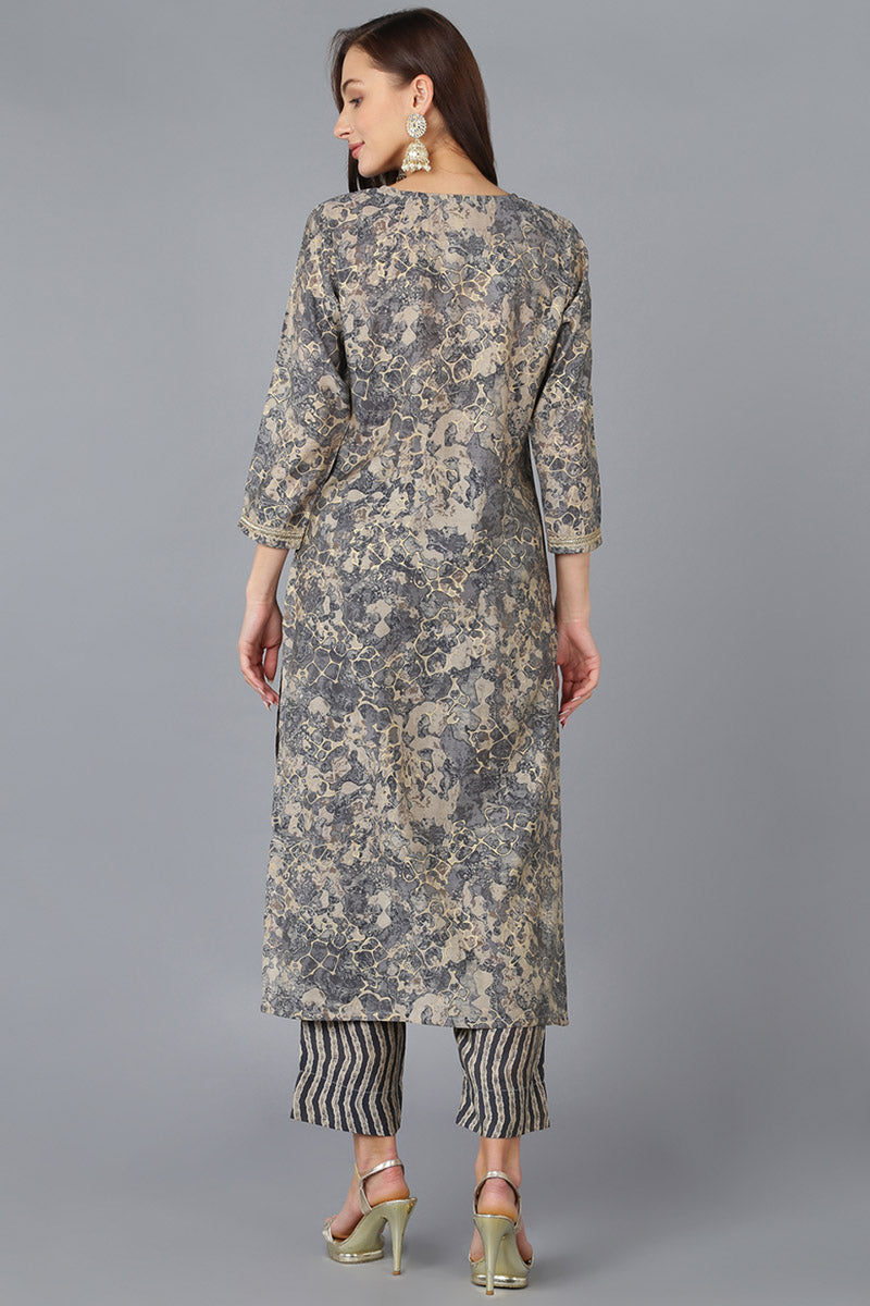 Grey Silk Blend Abstract Embroidered Straight Kurta 