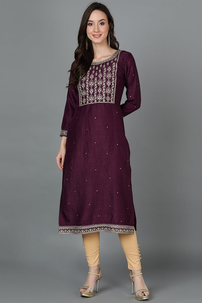 Silk Blend Purple Embroidered Straight Kurta VCK9045