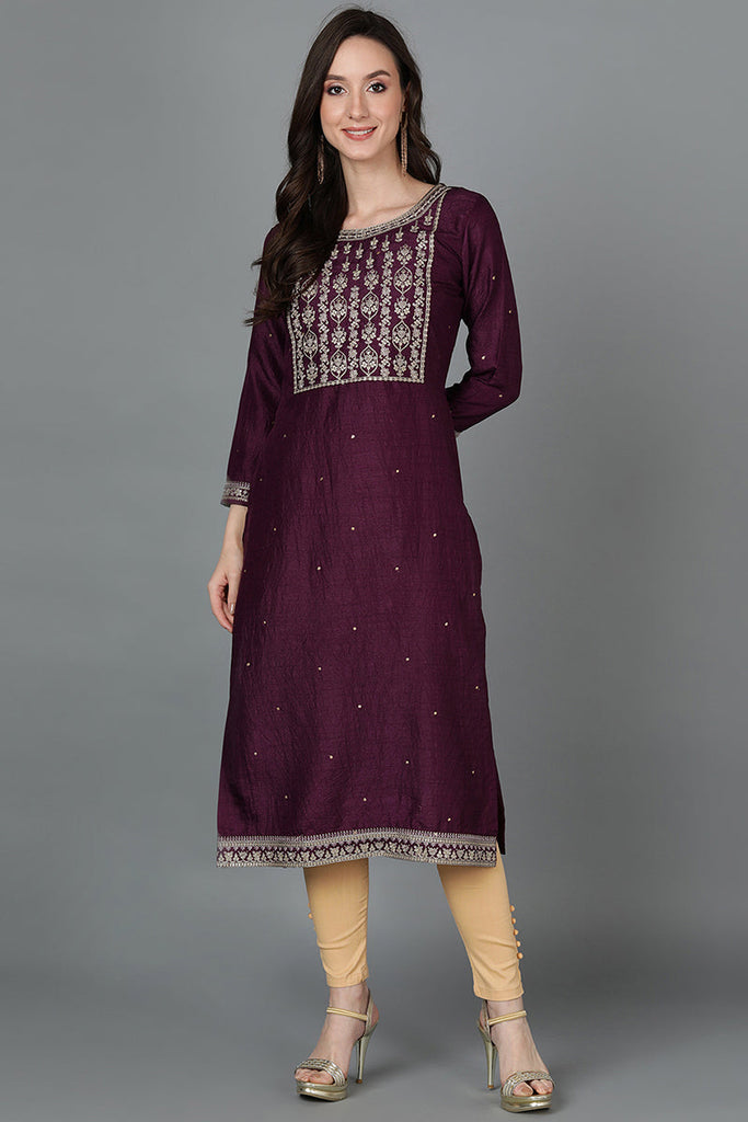 Silk Blend Purple Embroidered Straight Kurta VCK9045