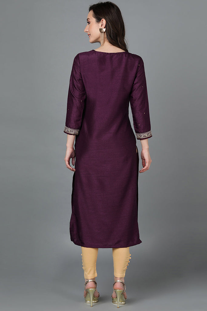 Silk Blend Purple Embroidered Straight Kurta VCK9045