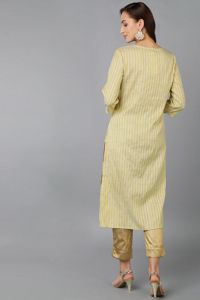 Green Cotton Striped Yoke Design Straight Kurta 