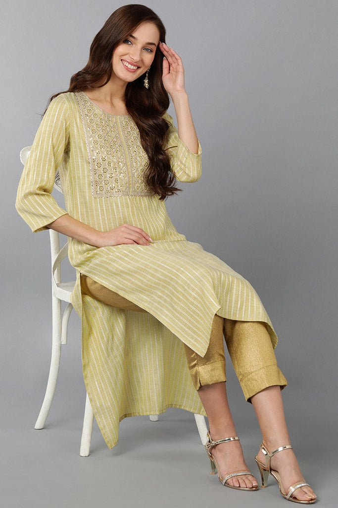 Green Cotton Striped Yoke Design Straight Kurta 