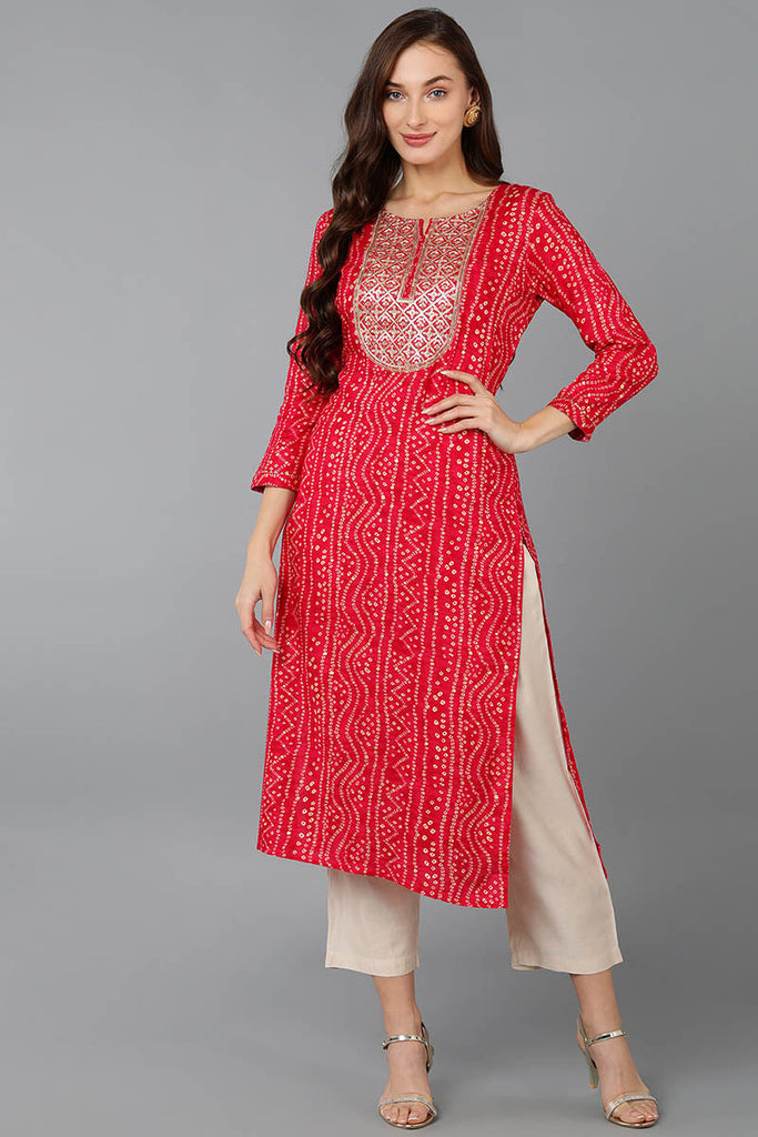 Pink Viscose Rayon Bandhani Embroidered Straight Kurta 