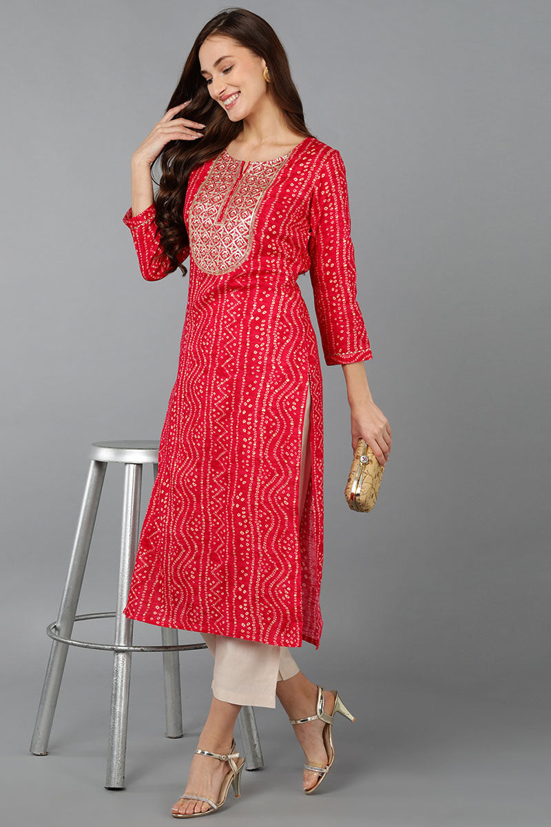 Pink Viscose Rayon Bandhani Embroidered Straight Kurta 