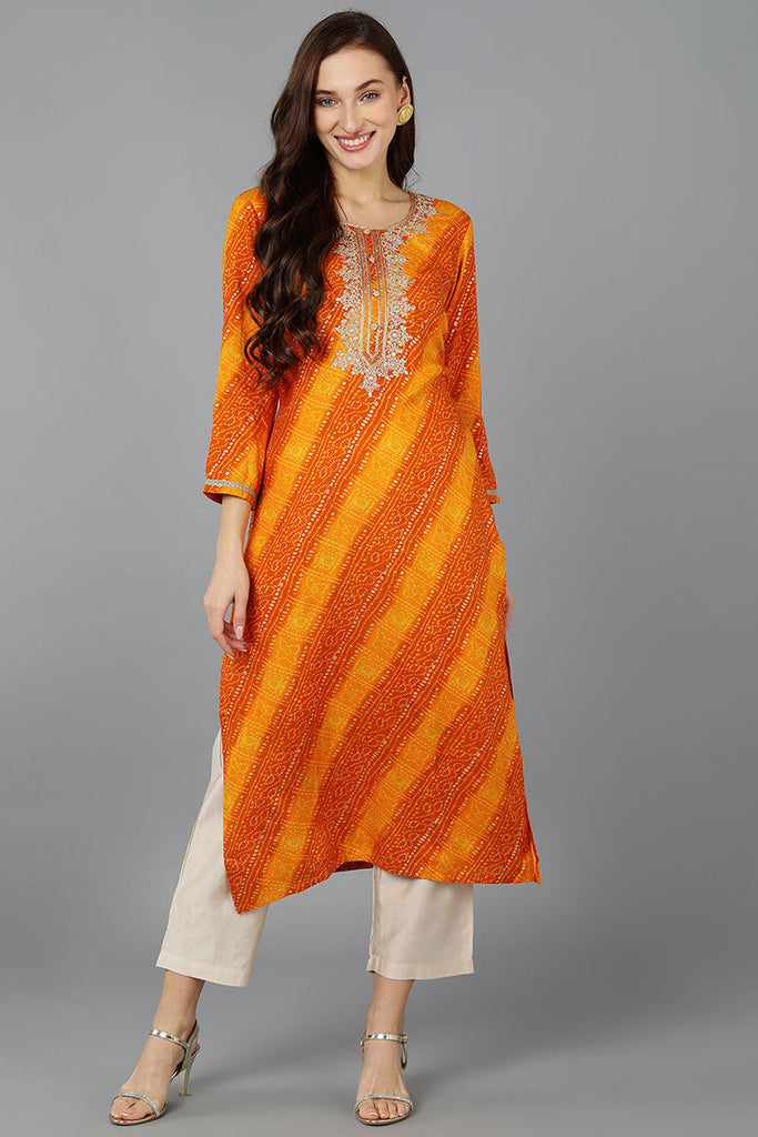 Orange Viscose Rayon Bandhani Embroidered Straight Kurta 