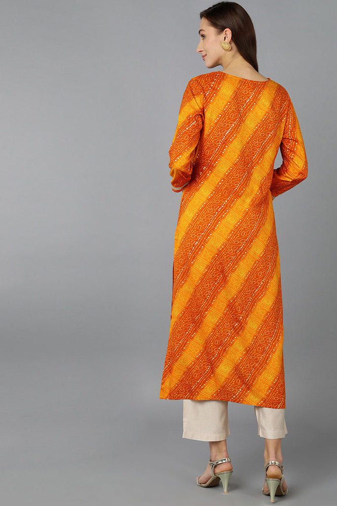 Orange Viscose Rayon Bandhani Embroidered Straight Kurta 