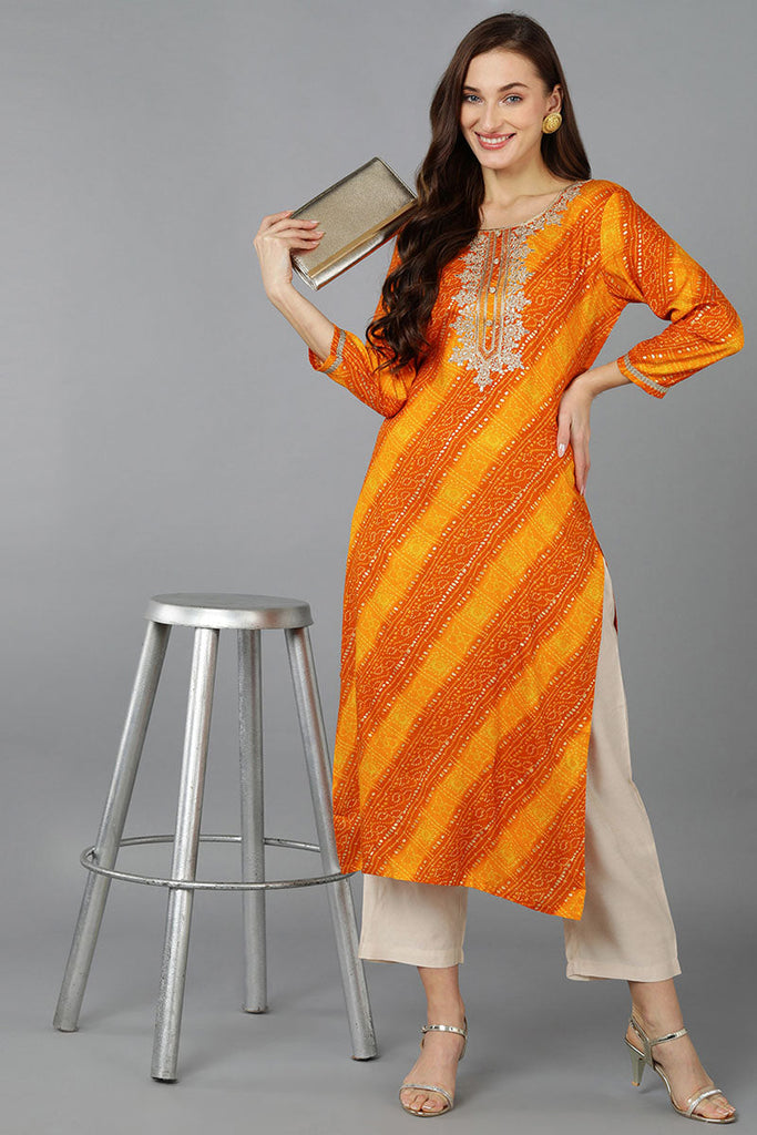 Orange Viscose Rayon Bandhani Embroidered Straight Kurta 