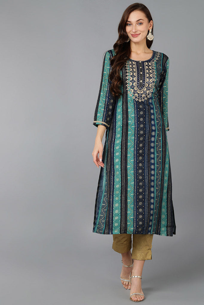 Navy Blue Viscose Rayon Geometric Embroidered Straight Kurta 