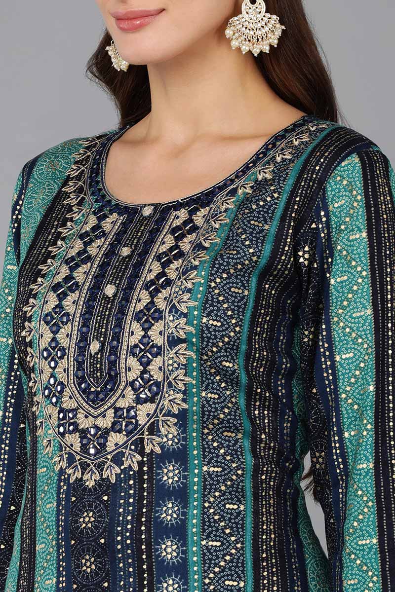 Navy Blue Viscose Rayon Geometric Embroidered Straight Kurta 