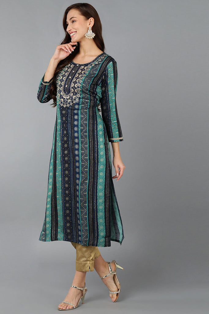 Navy Blue Viscose Rayon Geometric Embroidered Straight Kurta 