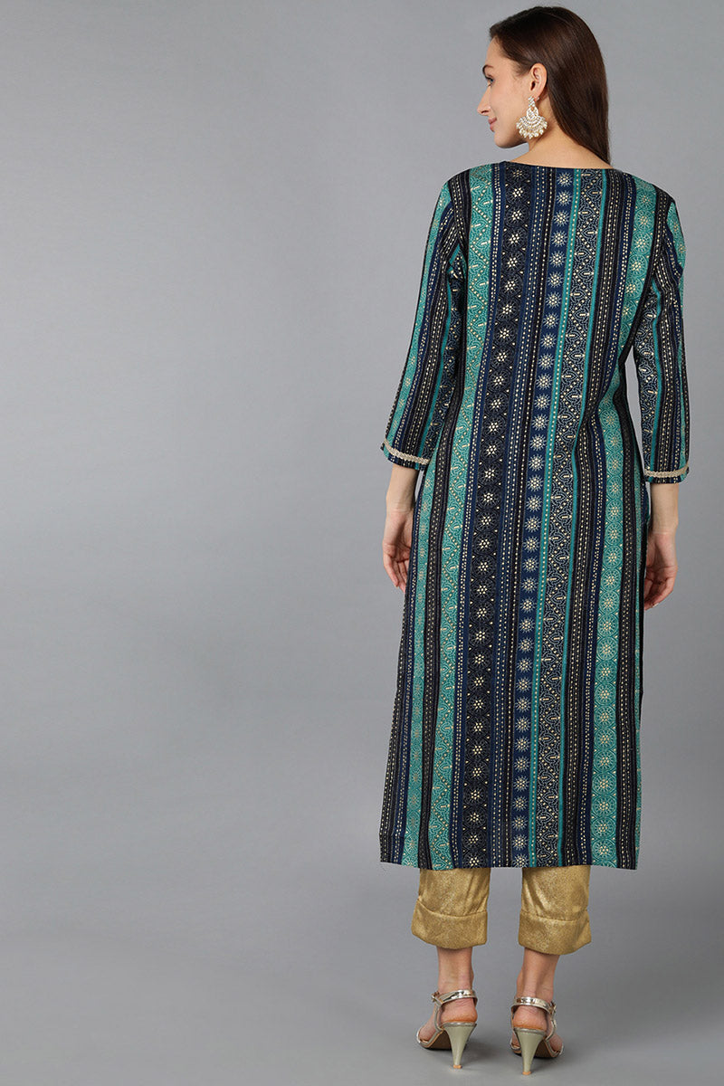 Navy Blue Viscose Rayon Geometric Embroidered Straight Kurta 