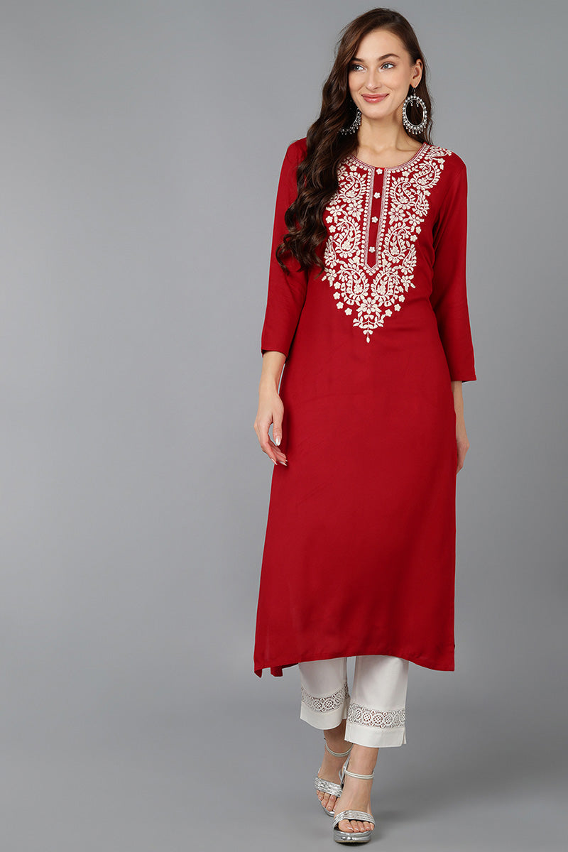 Red Viscose Rayon Solid Embroidered Straight Kurta