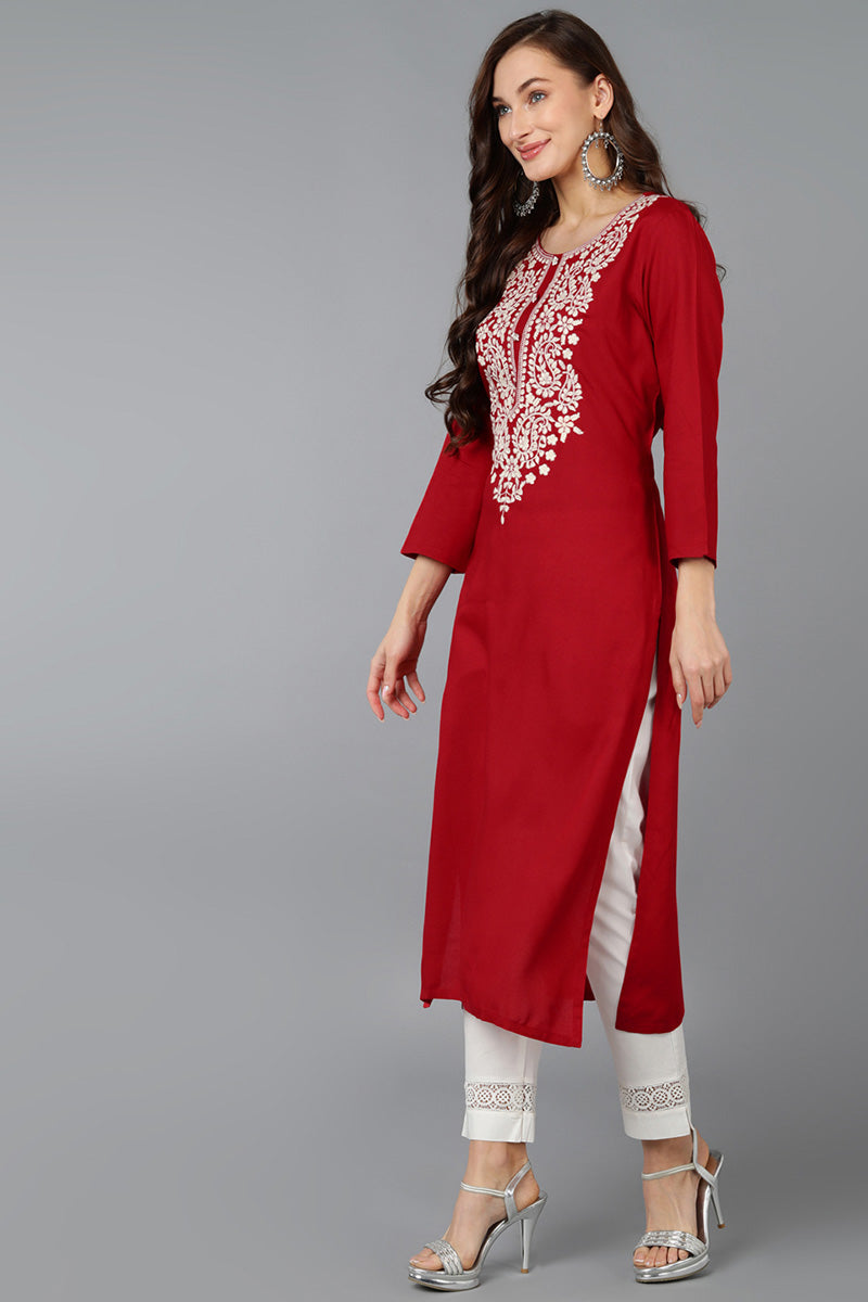 Red Viscose Rayon Solid Embroidered Straight Kurta