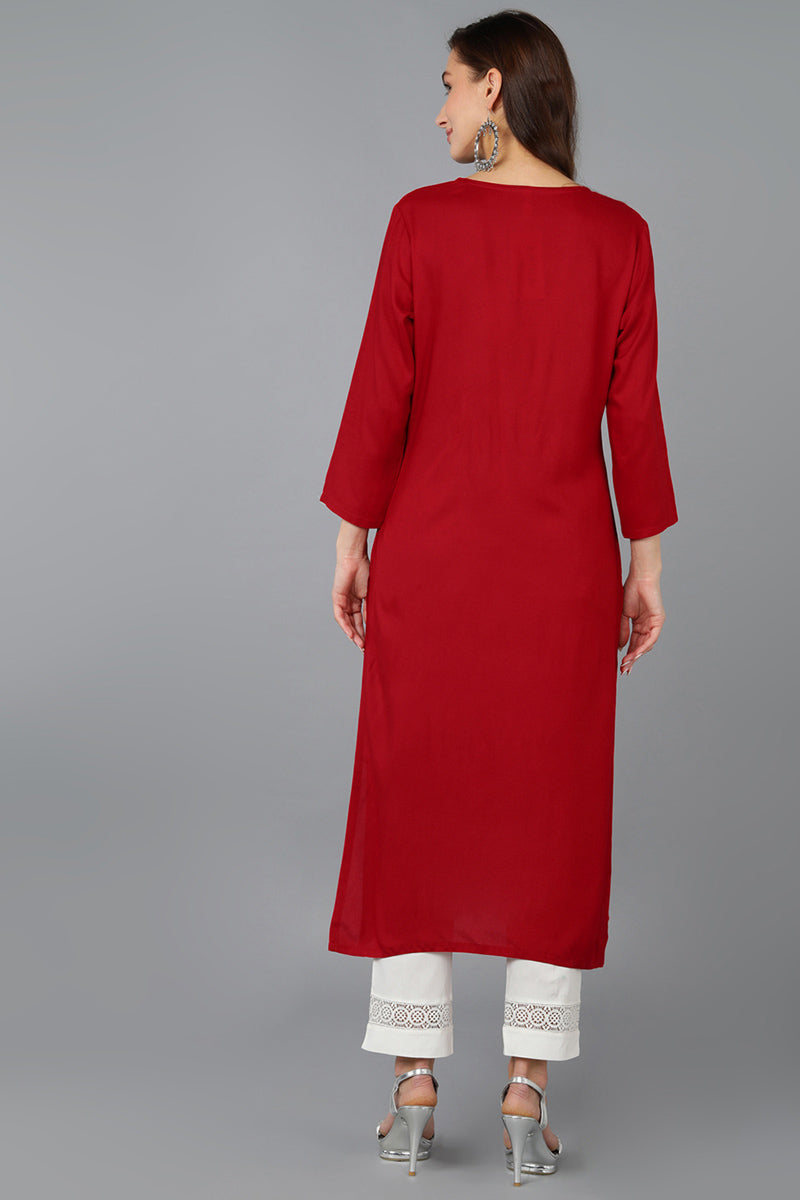 Red Viscose Rayon Solid Embroidered Straight Kurta