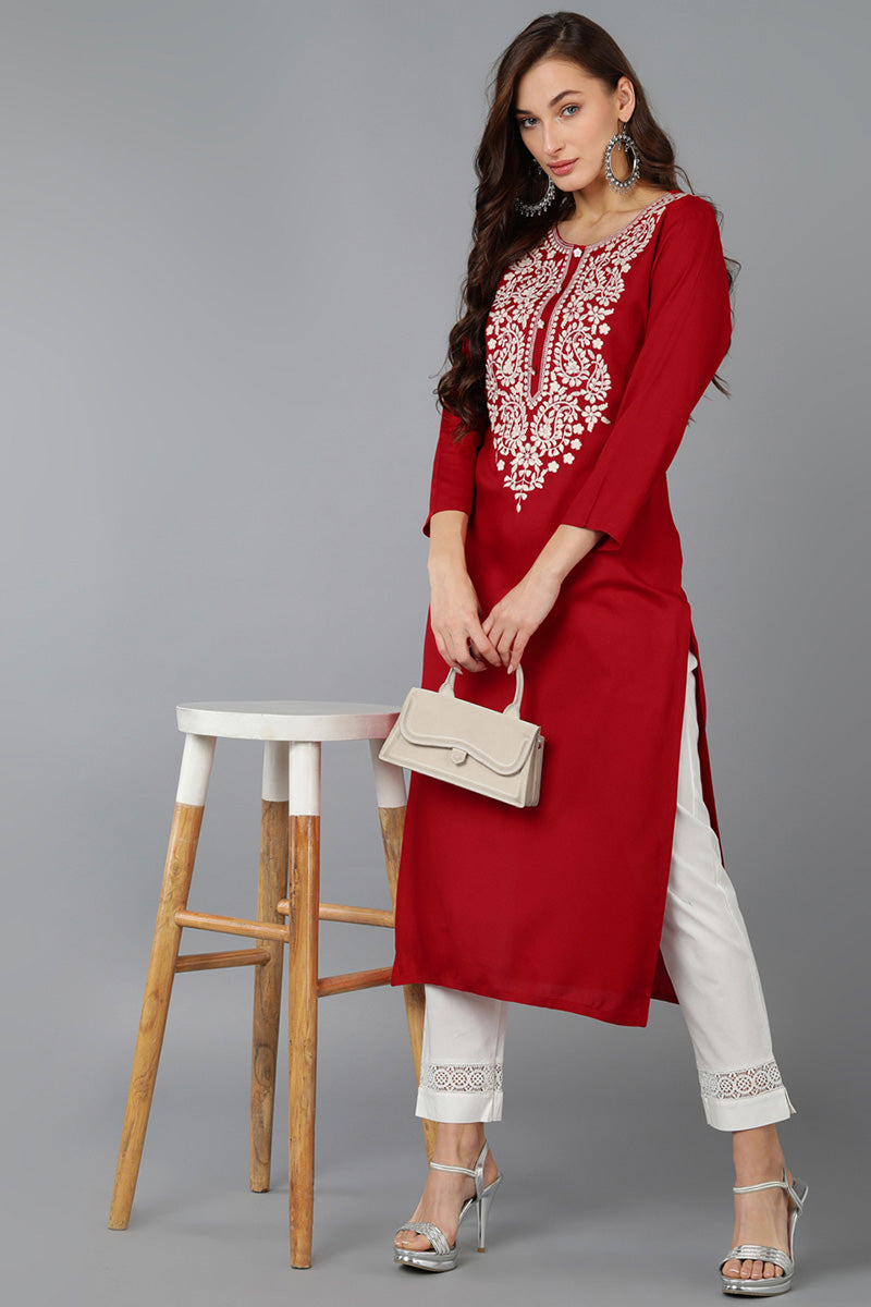 Red Viscose Rayon Solid Embroidered Straight Kurta