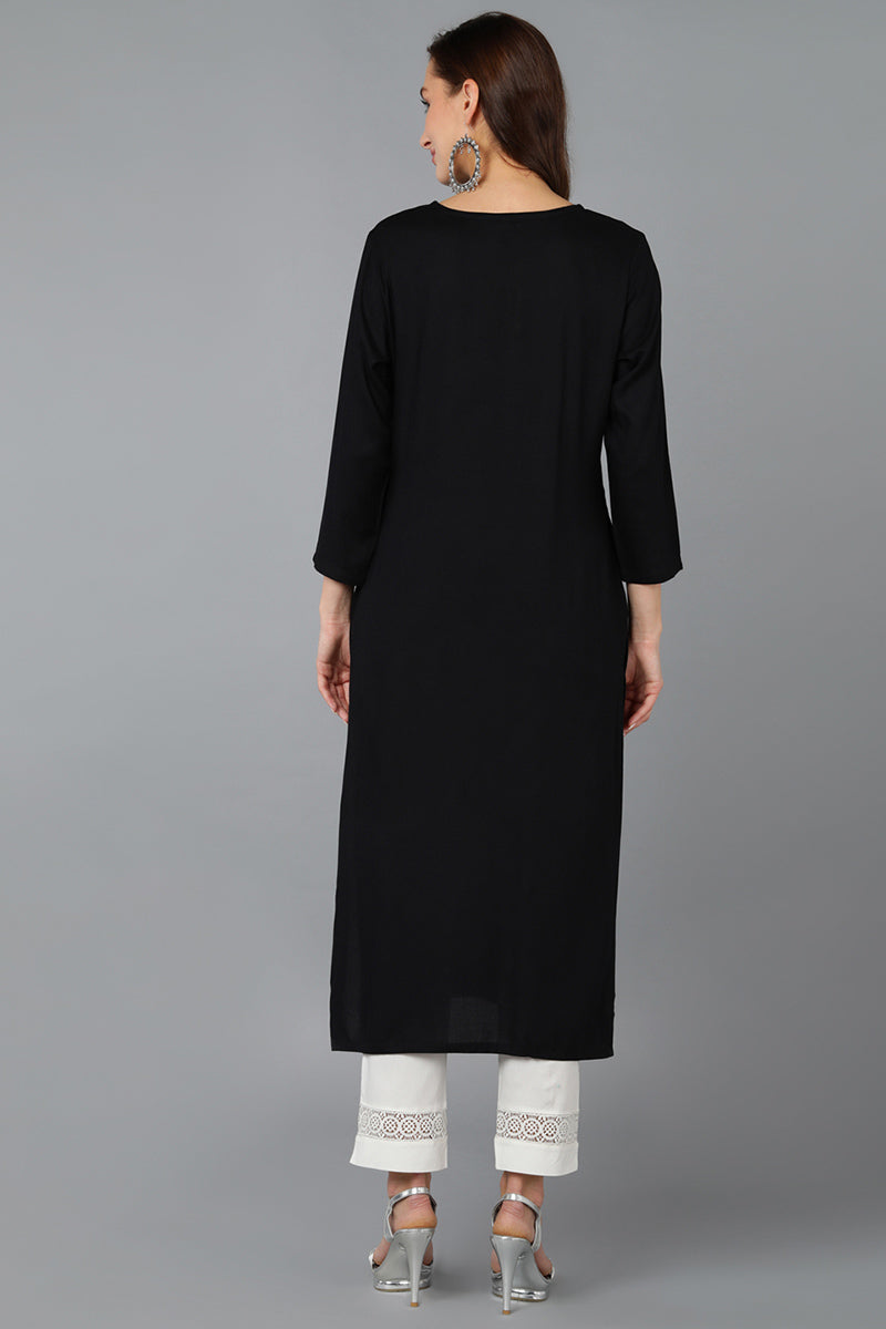 Black Viscose Rayon Solid Embroidered Straight Kurta 