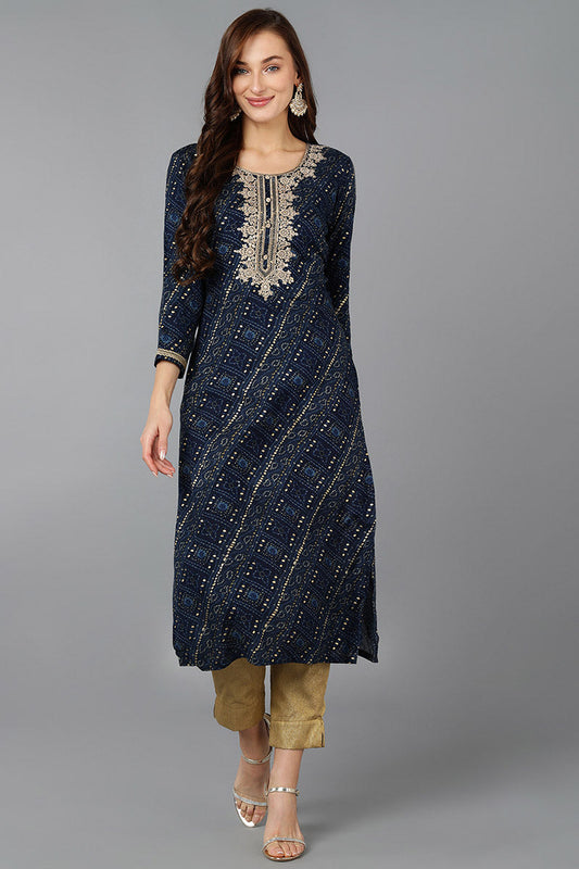 Navy Blue Viscose Rayon Bandhani Embroidered Straight Kurta 