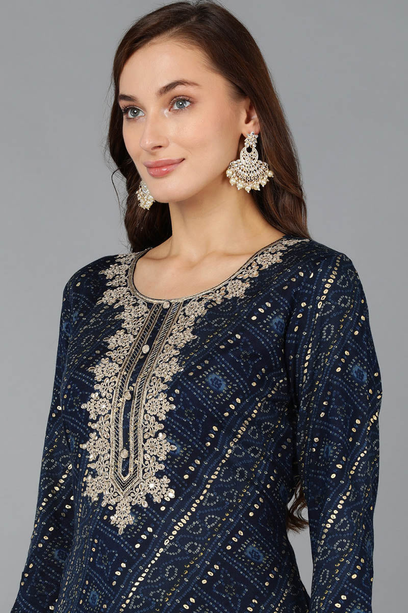 Navy Blue Viscose Rayon Bandhani Embroidered Straight Kurta 