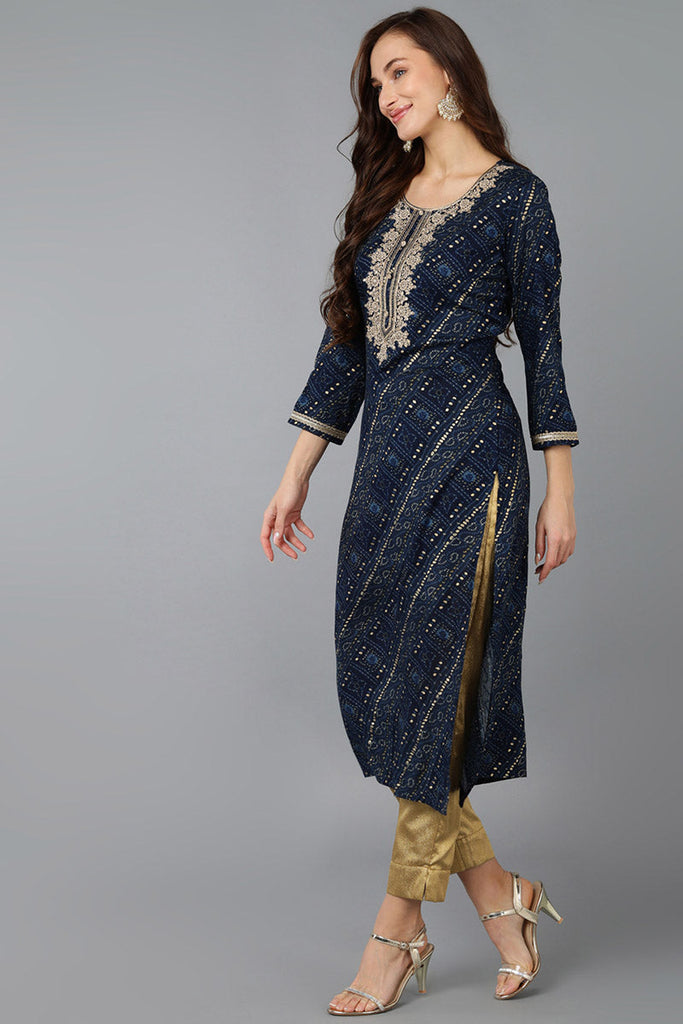 Navy Blue Viscose Rayon Bandhani Embroidered Straight Kurta 