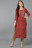 Red Silk Blend Geometric Embroidered Straight Kurta 