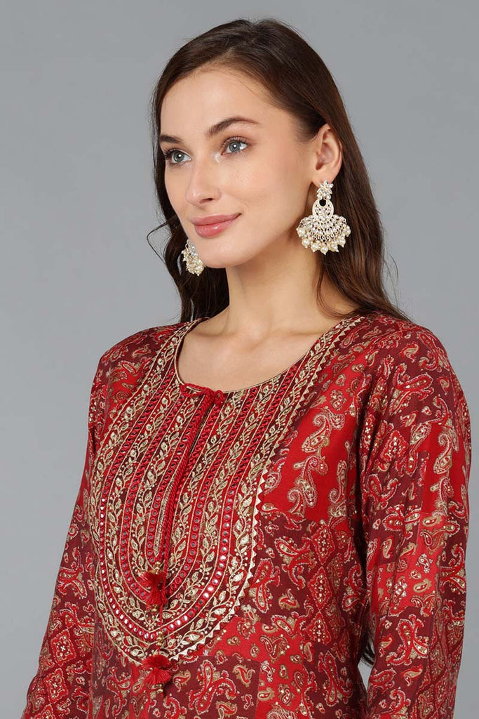 Red Silk Blend Geometric Embroidered Straight Kurta 