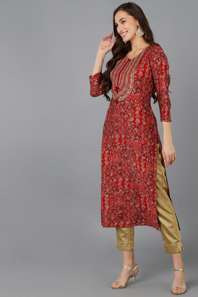 Red Silk Blend Geometric Embroidered Straight Kurta 