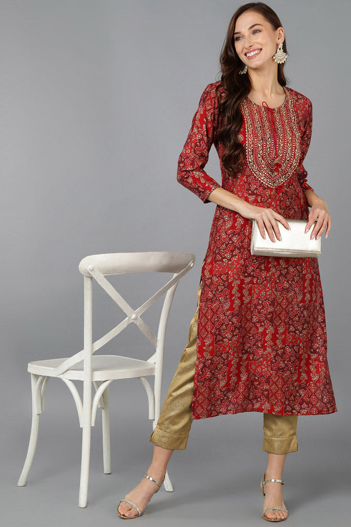 Red Silk Blend Geometric Embroidered Straight Kurta 