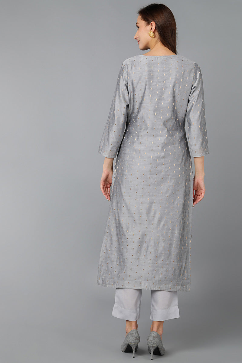 Grey Viscose Rayon Woven Design Embroidered Straight Kurta