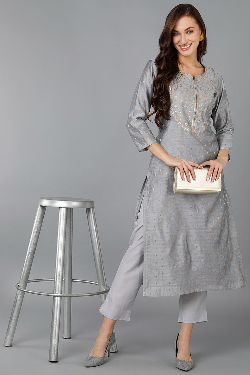 Grey Viscose Rayon Woven Design Embroidered Straight Kurta