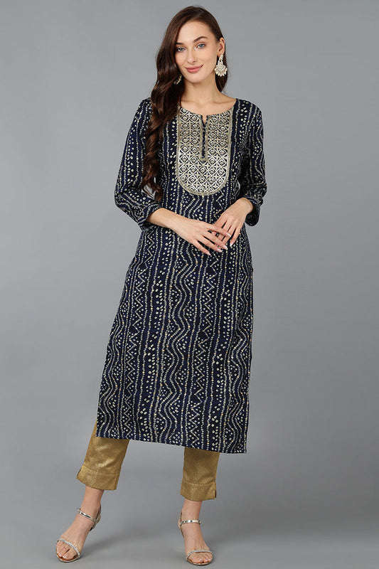 Navy Blue Viscose Rayon Bandhani Embroidered Straight Kurta 