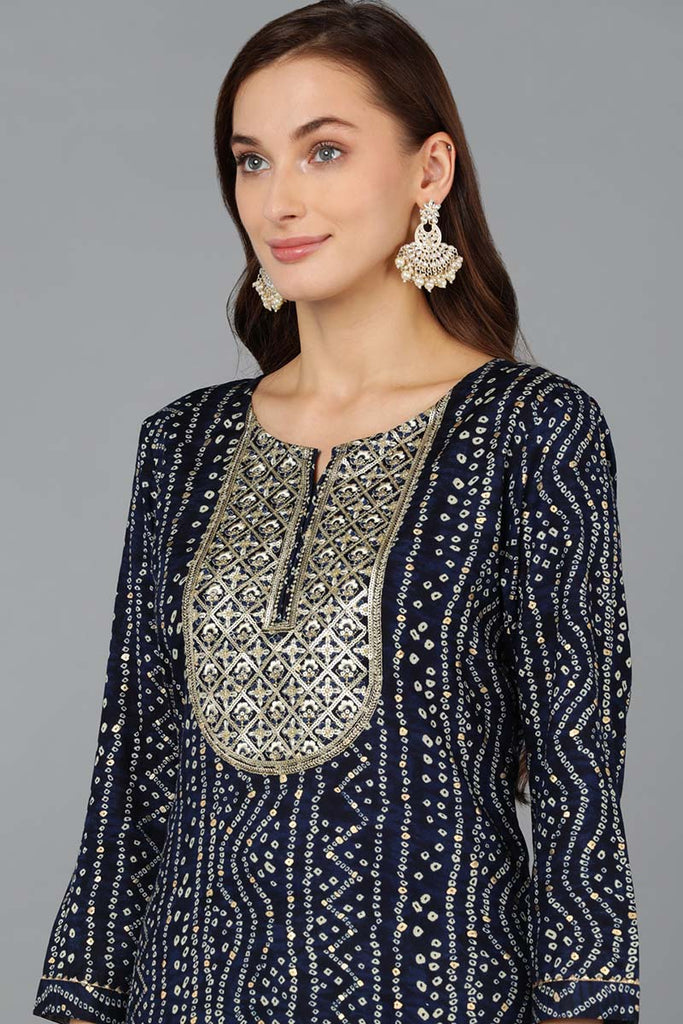 Navy Blue Viscose Rayon Bandhani Embroidered Straight Kurta 