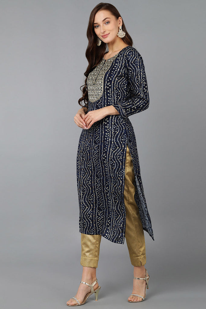 Navy Blue Viscose Rayon Bandhani Embroidered Straight Kurta 