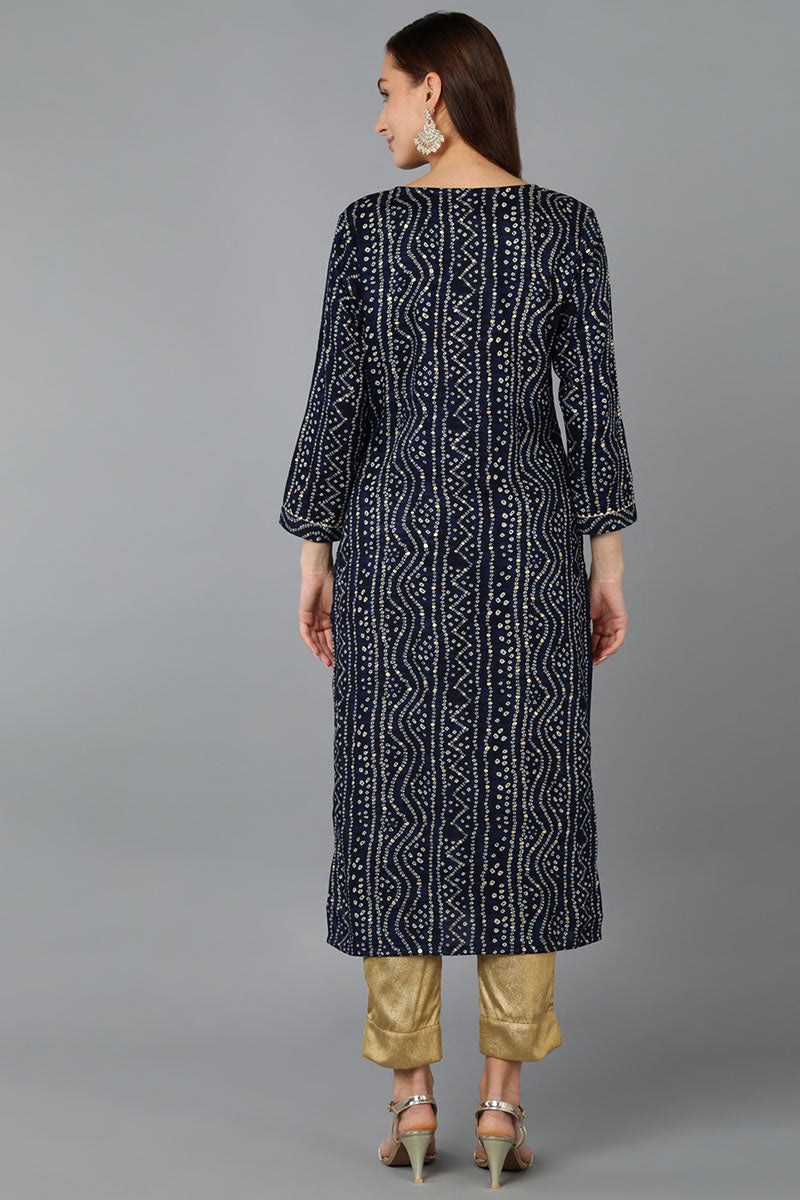 Navy Blue Viscose Rayon Bandhani Embroidered Straight Kurta 