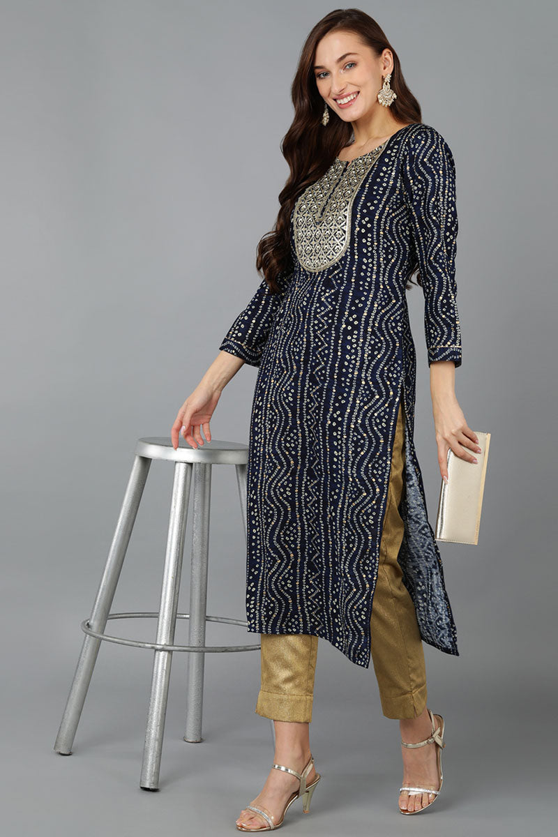 Navy Blue Viscose Rayon Bandhani Embroidered Straight Kurta 