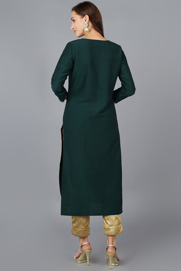 Green Silk Blend Solid Embroidered Straight Kurta 