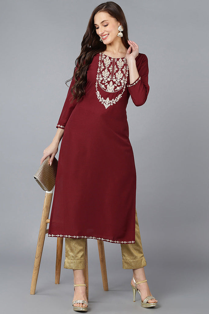 Maroon Silk Blend Solid Embroidered Straight Kurta 