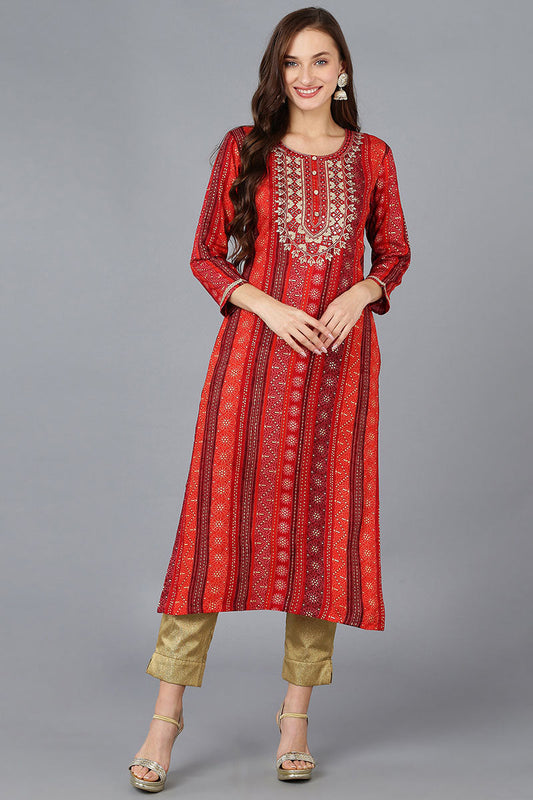 Red Viscose Rayon Geometric Embroidered Straight Kurta 