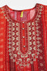 Red Viscose Rayon Geometric Embroidered Straight Kurta 