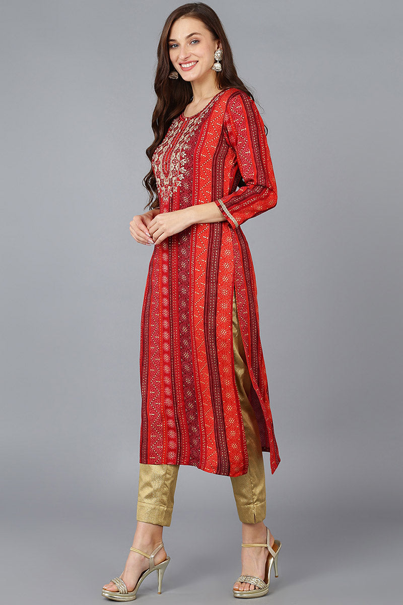 Red Viscose Rayon Geometric Embroidered Straight Kurta 