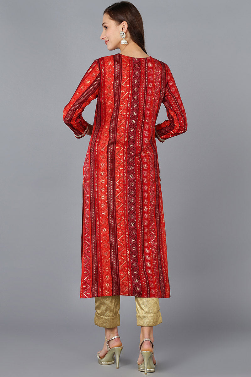 Red Viscose Rayon Geometric Embroidered Straight Kurta 