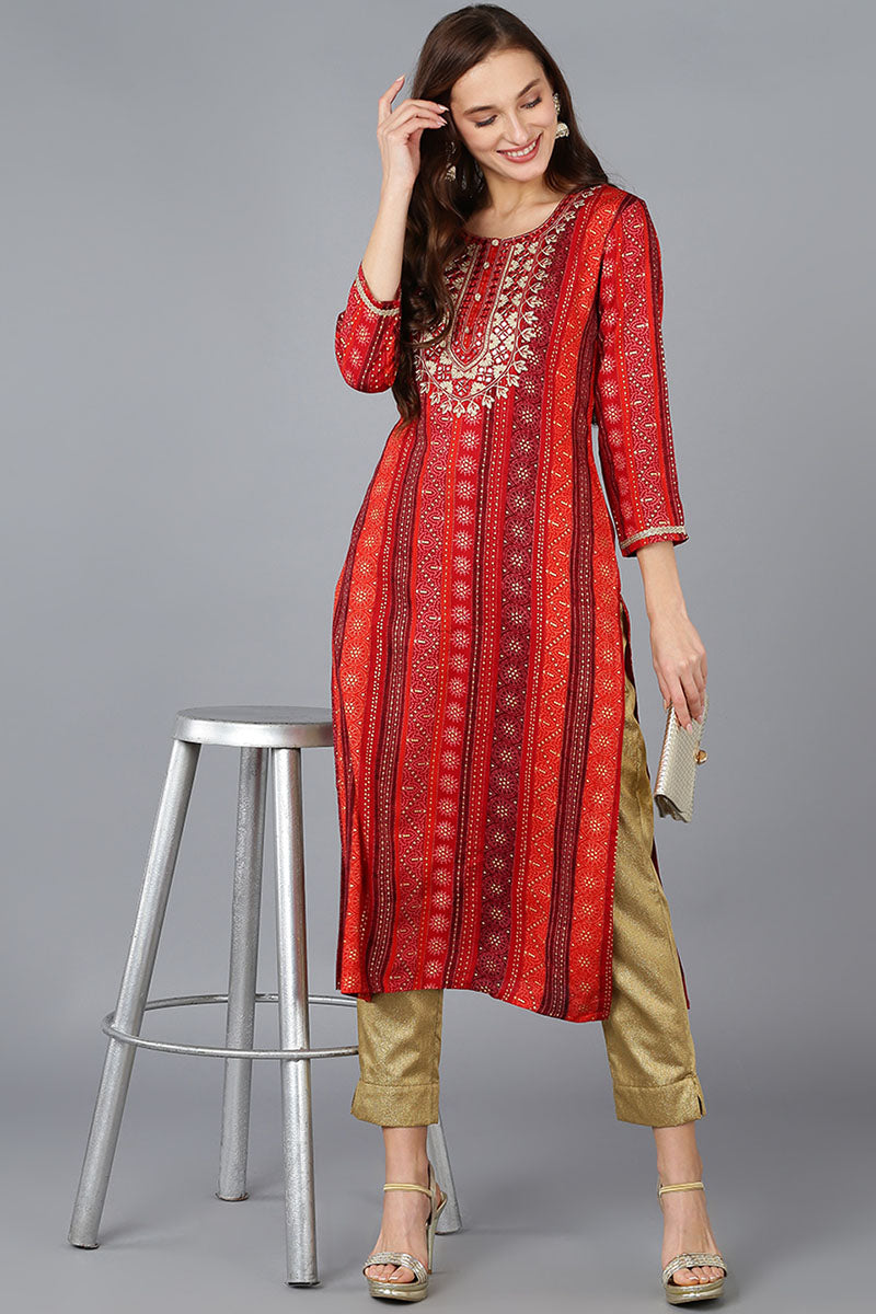 Red Viscose Rayon Geometric Embroidered Straight Kurta 