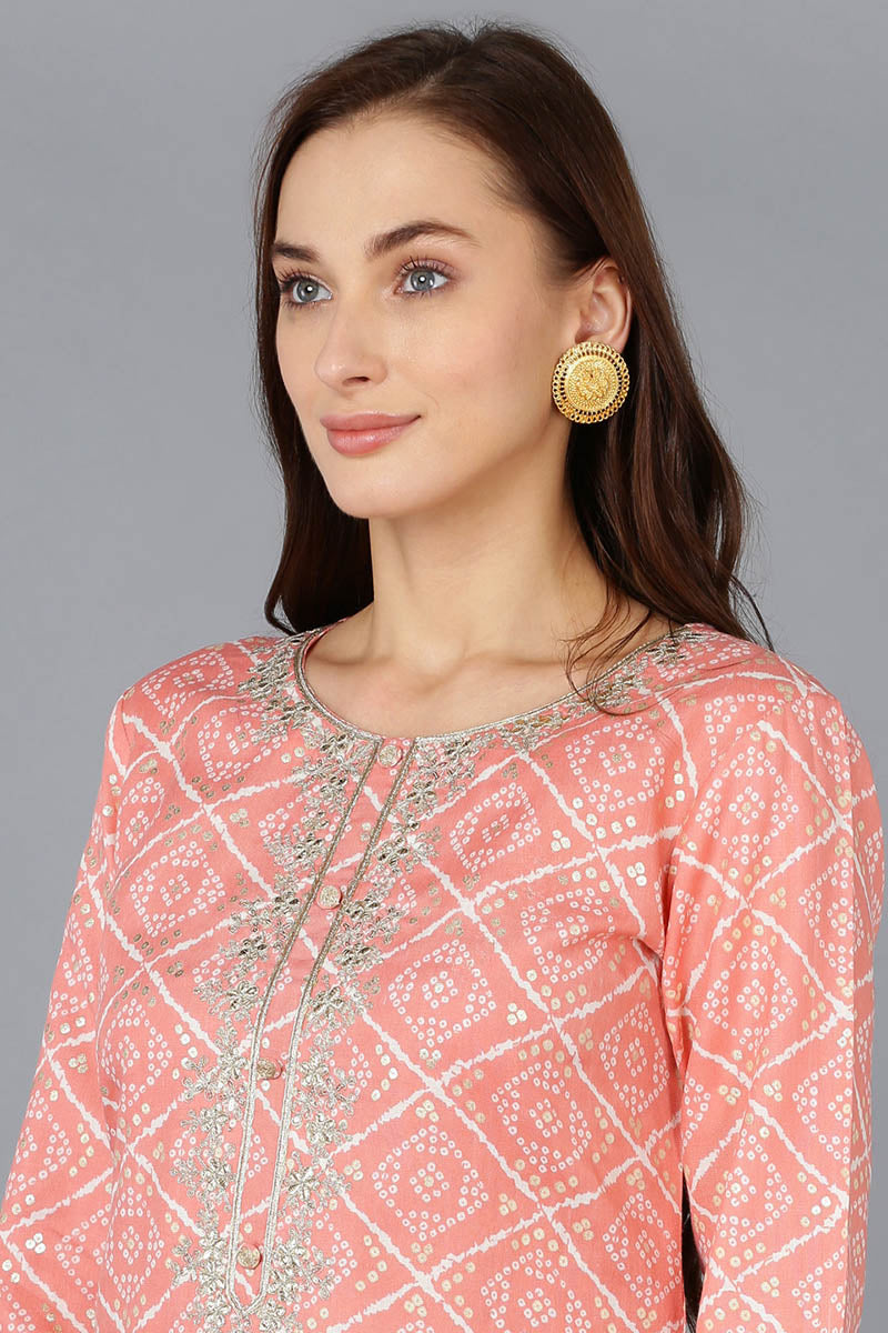 Peach Silk Blend Bandhani Embroidered Straight Kurta 