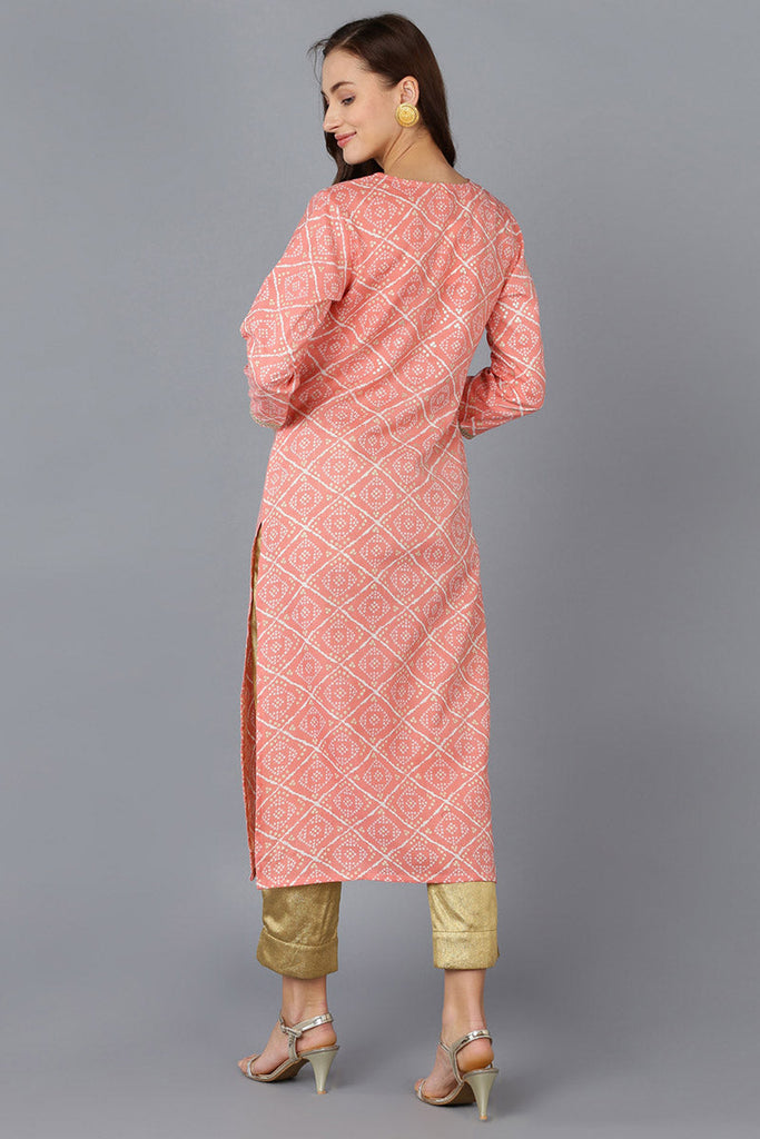 Peach Silk Blend Bandhani Embroidered Straight Kurta 