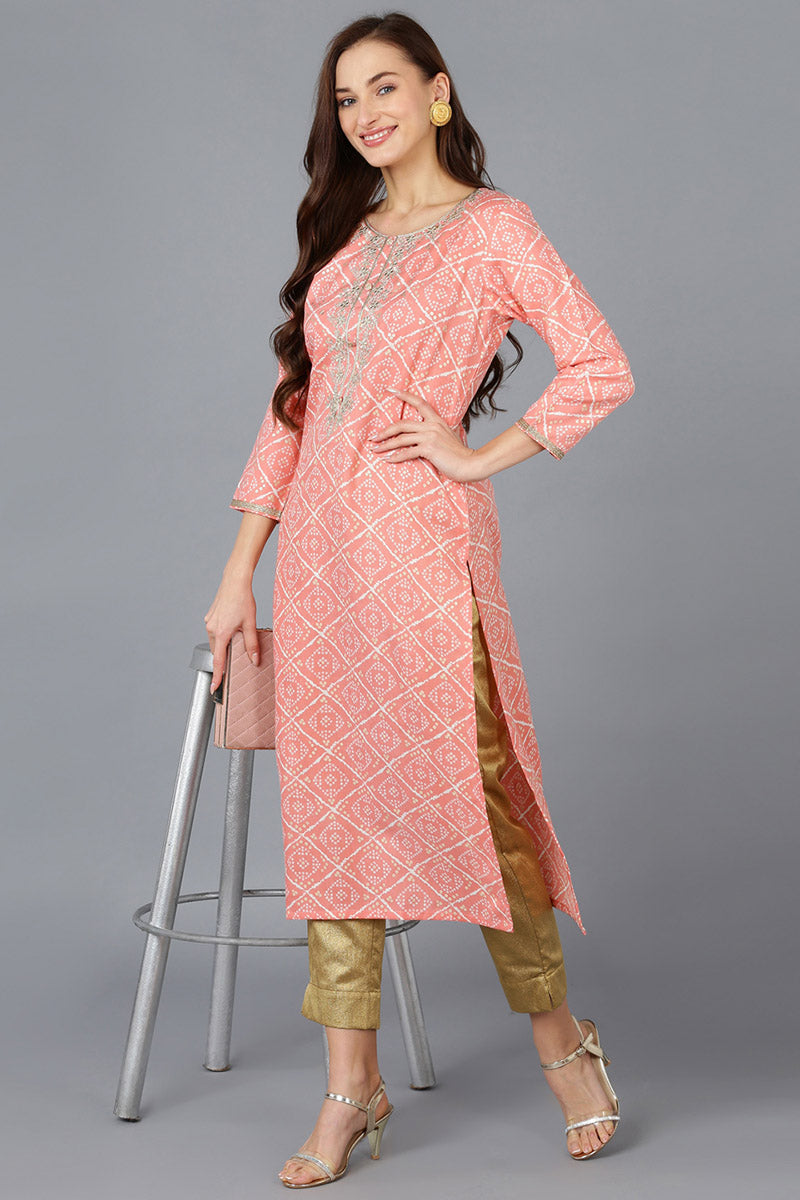 Peach Silk Blend Bandhani Embroidered Straight Kurta 