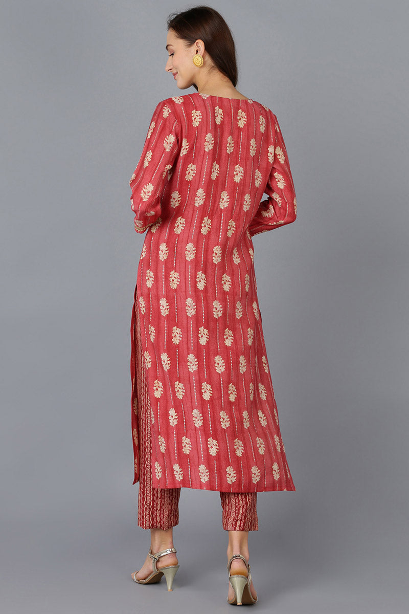 Red Silk Blend Abstract Embroidered Straight Kurta 